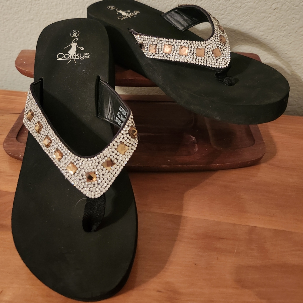 Corkys Black and Gold Sandals with Cushioned Soles